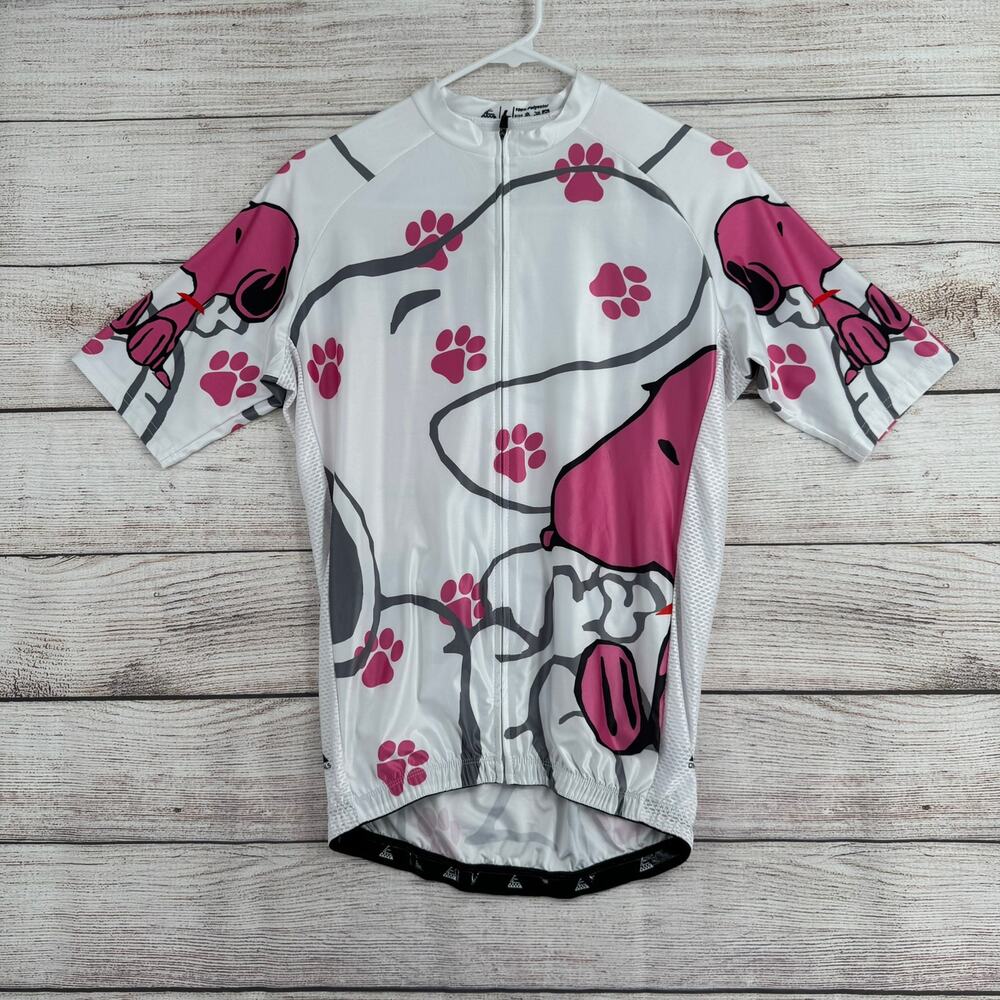 Peanuts Snoopy Doghouse‎ Paw Print Cycling Jersey Womens Large White Pink